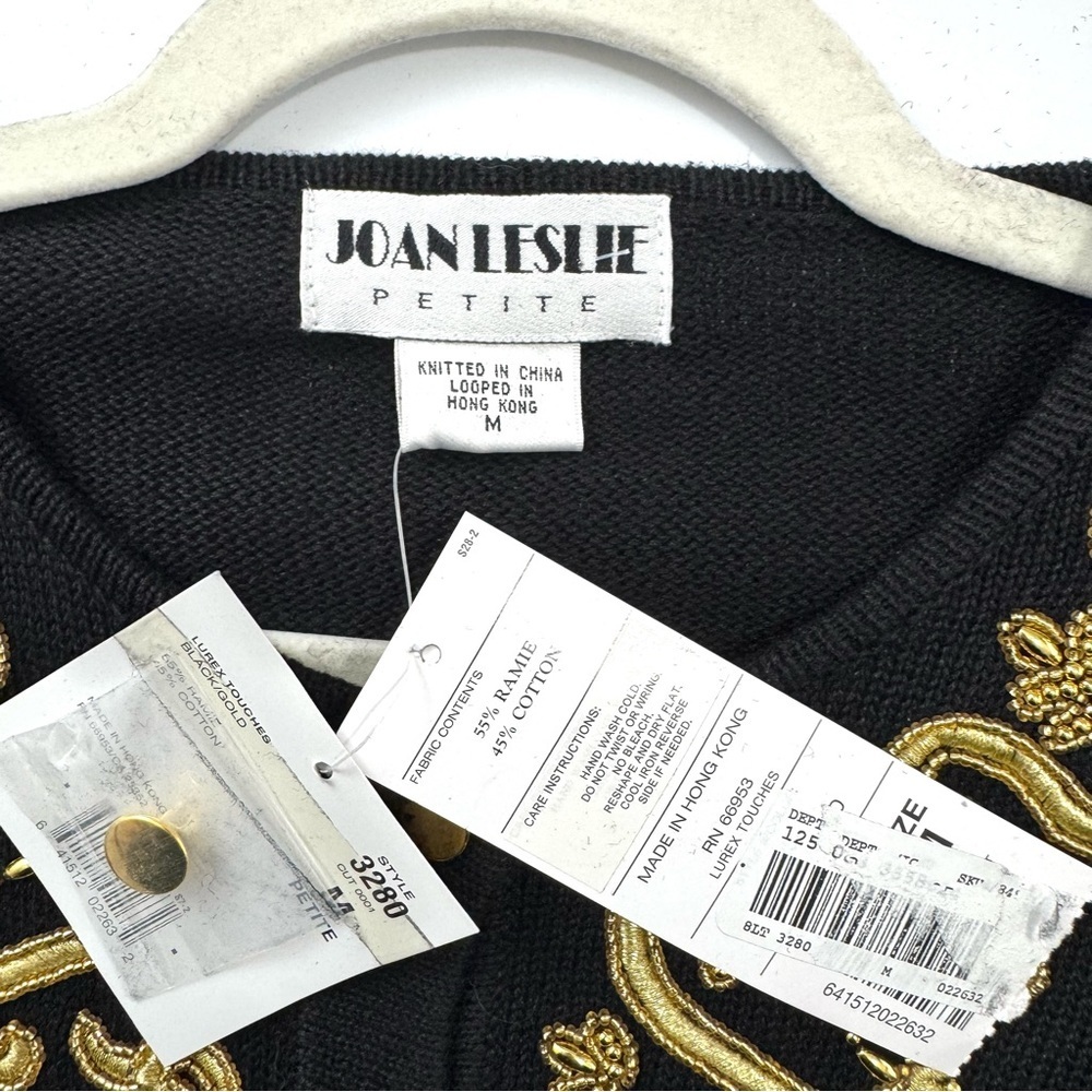 VTG Joan Leslie Petite M Knit Black Gold Embroidered Button Up Cardigan Sweater - Picture 5 of 9